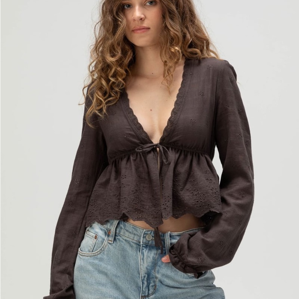 RSQ Womens Brown Cotton Crochet Long Sleeve Tie Front Top XXS NWT